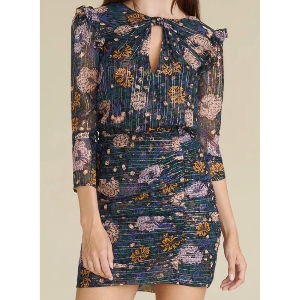 Veronica Beard Silk Peppa Floral Metallic Rouched Mini Dress Long Sleeve Wrap